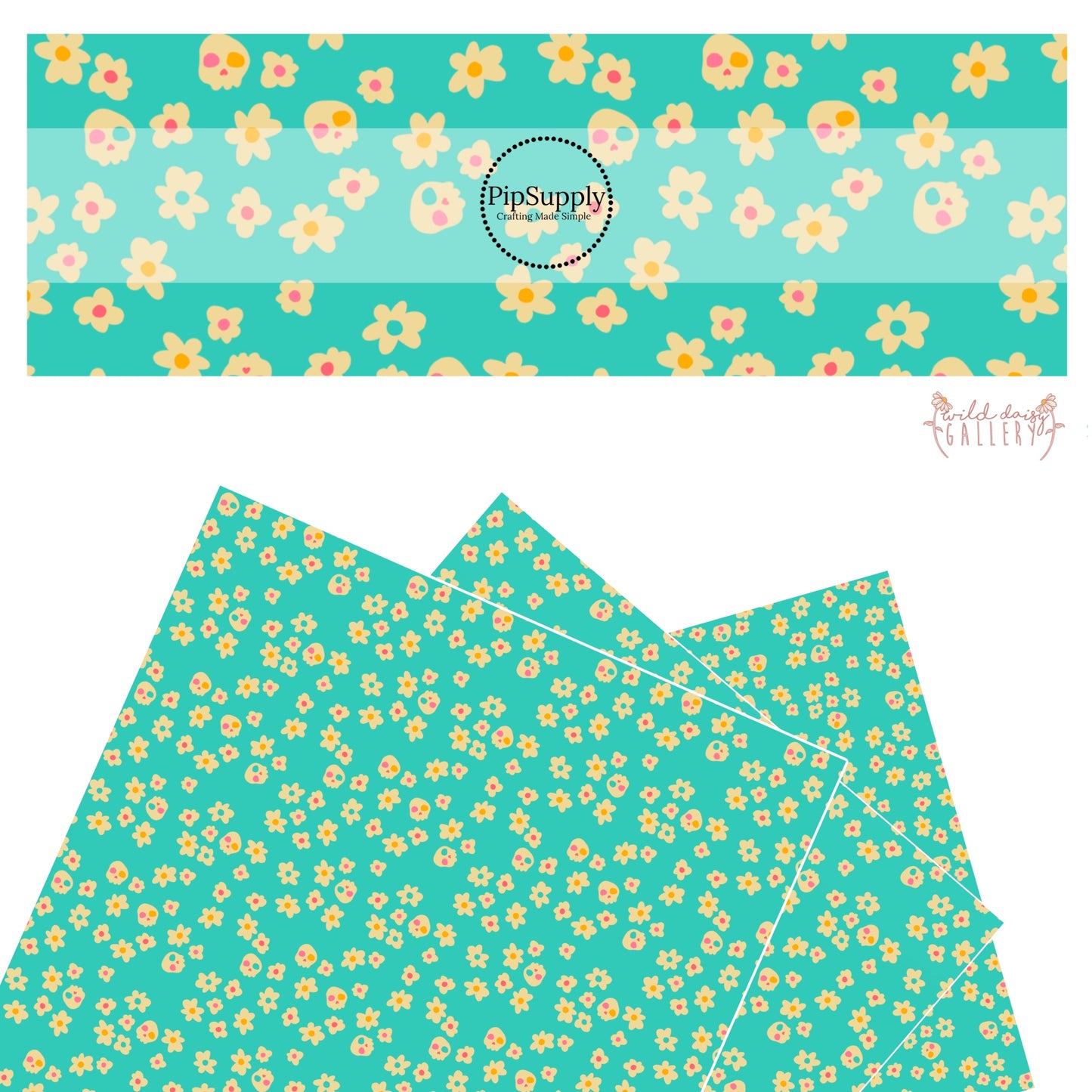 Cream flowers and skulls on aqua faux leather sheets