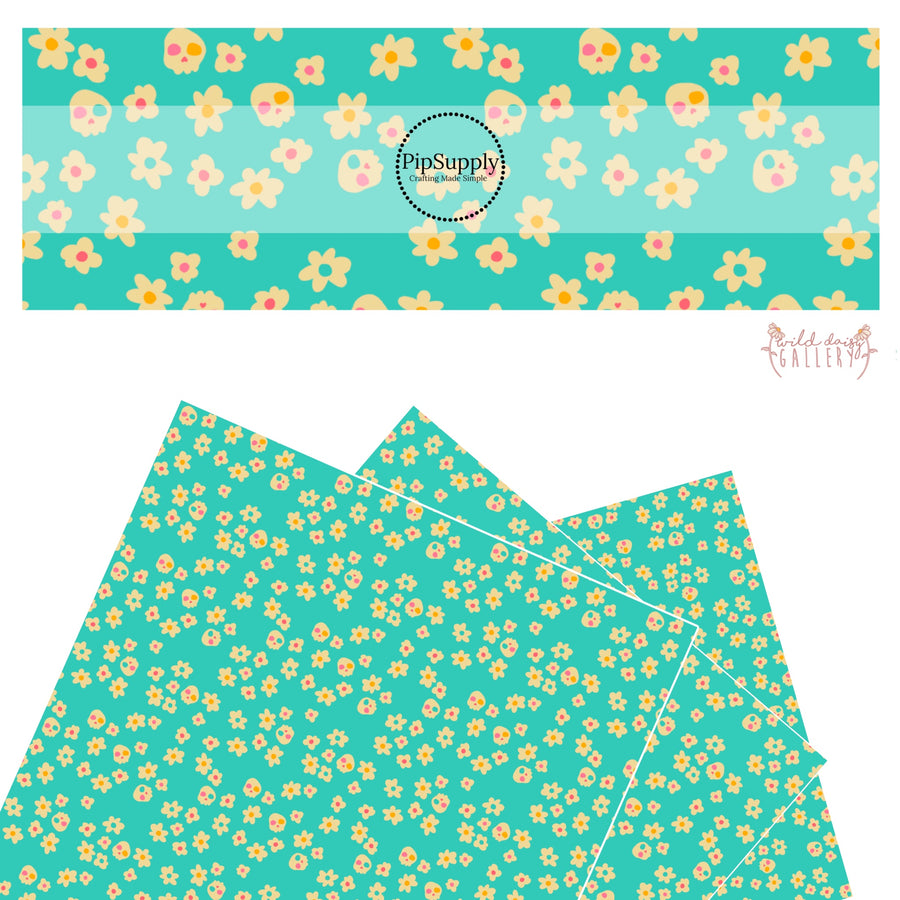 Cream flowers and skulls on aqua faux leather sheets