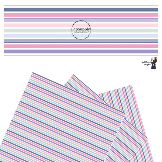 These spring stripe pattern themed faux leather sheets contain the following design elements: pastel pink, purple, green, and blue stripes. Our CPSIA compliant faux leather sheets or rolls can be used for all types of crafting projects.