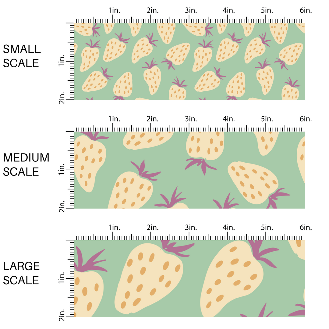 This scale chart of small scale, medium scale, and large scale of these fruit themed light mint fabric by the yard features cream strawberries with orange seeds with purple stems on light mint.