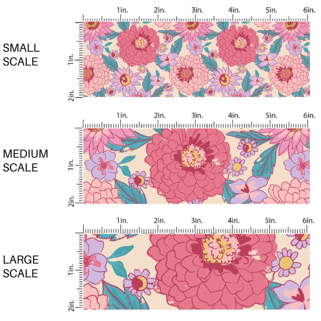 This scale chart of small scale, medium scale, and large scale of this summer fabric by the yard features pink flowers on cream. This fun summer themed fabric can be used for all your sewing and crafting needs!
