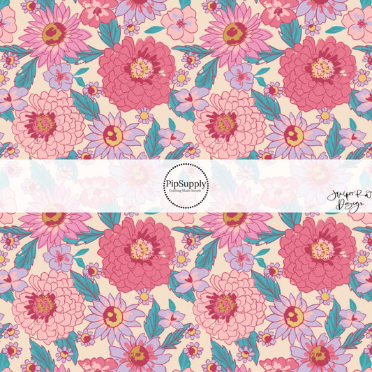 This summer fabric by the yard features pink flowers on cream. This fun summer themed fabric can be used for all your sewing and crafting needs!