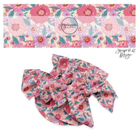 These summer floral themed no sew bow strips can be easily tied and attached to a clip for a finished hair bow. These summer patterned bow strips are great for personal use or to sell. These bow strips feature pink flowers on cream.