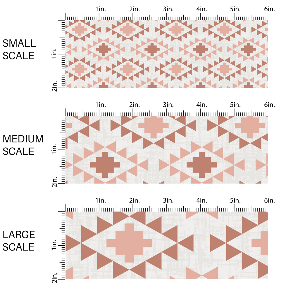 This scale image of small scale, medium scale, and large scale of these small western patterns on cream fabric by the yard features blush and rust colored western aztec pattern. 