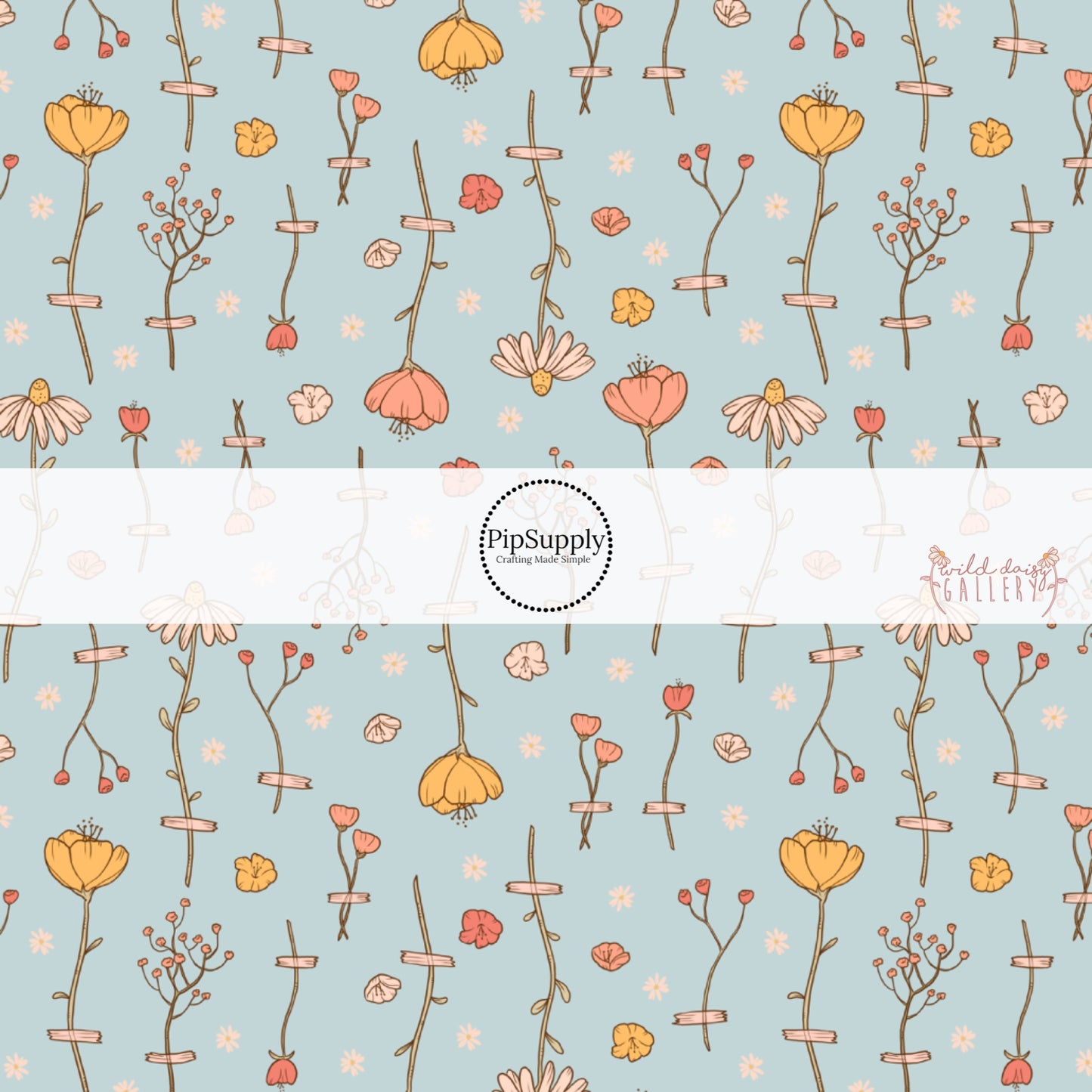 These wildflower themed light blue fabric by the yard features white, cream, yellow, and orange flowers.