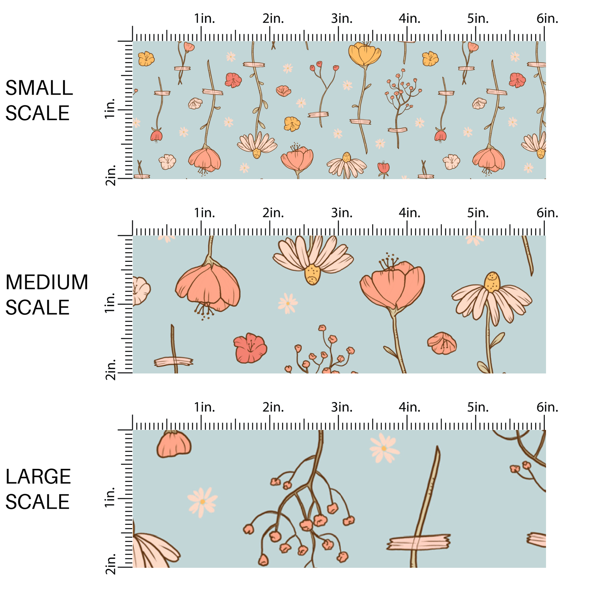 This scale chart with small scale, medium scale, and large scale of these wildflower themed light blue fabric by the yard features white, cream, yellow, and orange flowers.