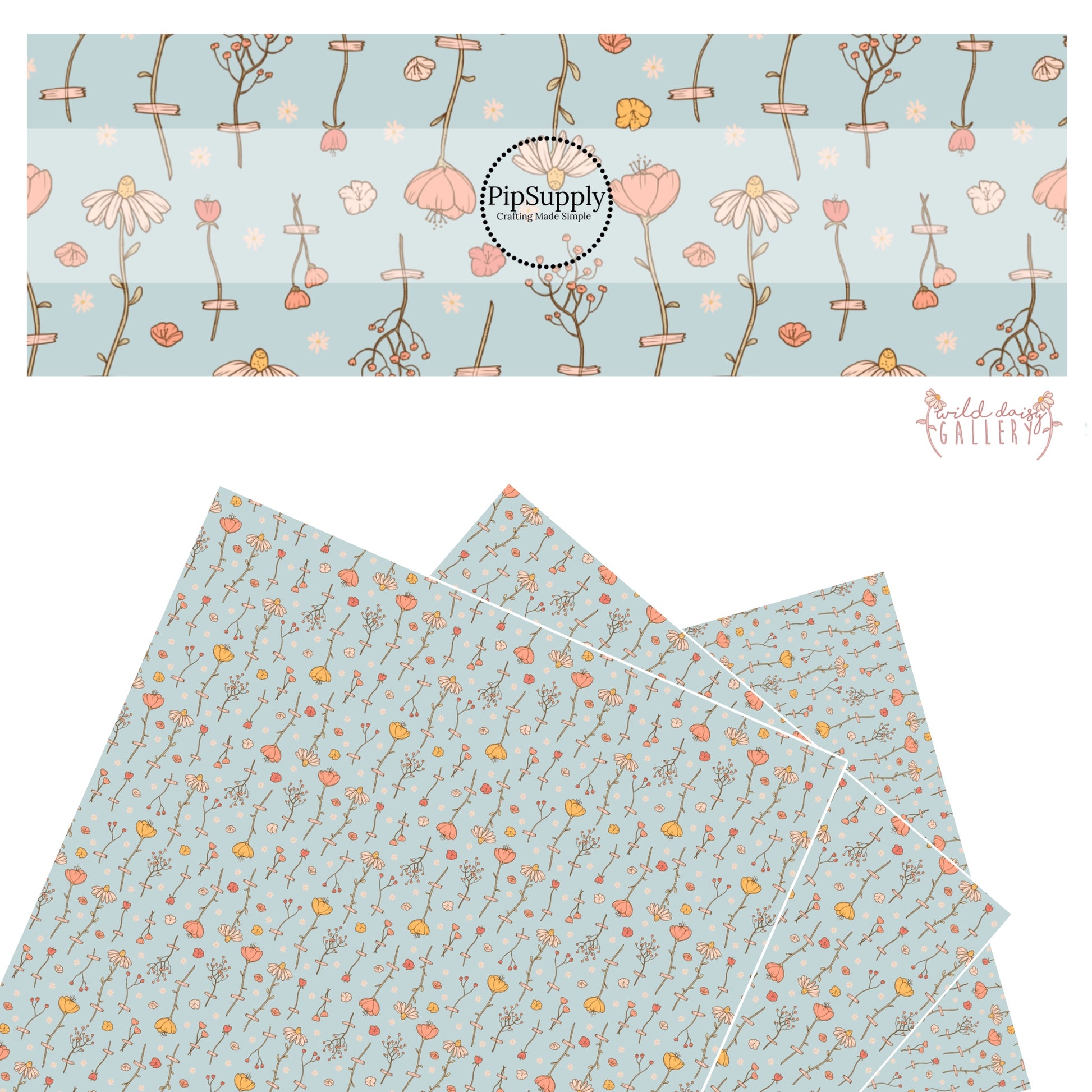 These wildflower themed light blue faux leather sheets contain the following design elements: white, cream, yellow, and orange flowers.