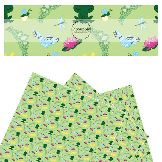Green frogs, lily pads, music notes, trumpet, and crowns on green faux leather sheets