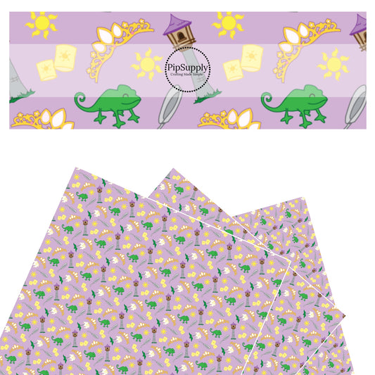 Secret tower, frogs, crowns, sunshine, frying pan, and flowers on lavender faux leather sheets