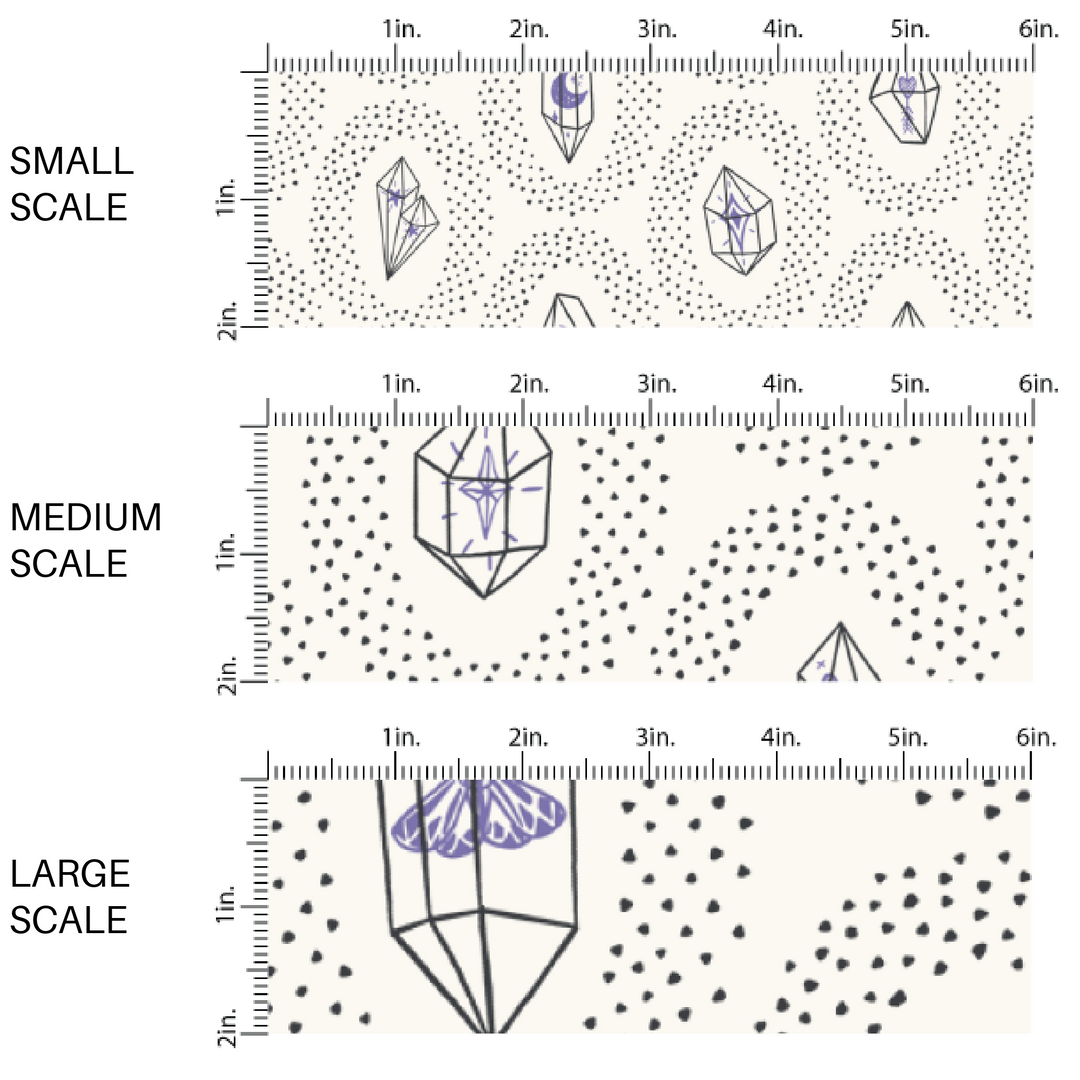 This scale chart of small scale, medium scale, and large scale of these crystal dot themed cream fabric by the yard features small black dots surrounding crystals on ivory. This fun themed fabric can be used for all your sewing and crafting needs! There are periwinkle flowers, butterflies, and charms inside each crystal. 