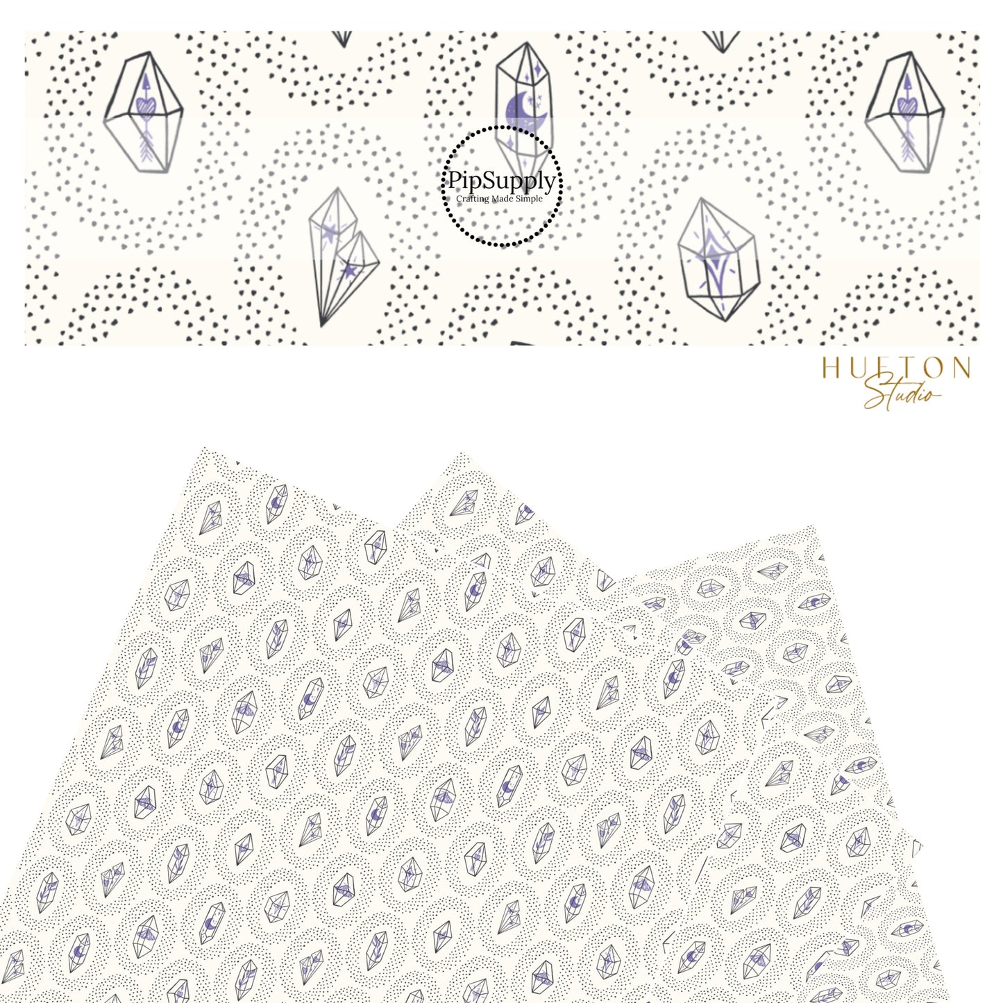 These crystal dot themed light cream faux leather sheets contain the following design elements: small black dots surrounding crystals on ivory.  Our CPSIA compliant faux leather sheets or rolls can be used for all types of crafting projects. There are periwinkle flowers, butterflies, and charms inside each crystal. 