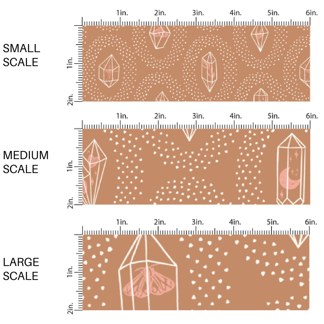 This scale chart of small scale, medium scale, and large scale of these crystal dot themed brown fabric by the yard features small white dots surrounding crystals on brown. This fun themed fabric can be used for all your sewing and crafting needs! 