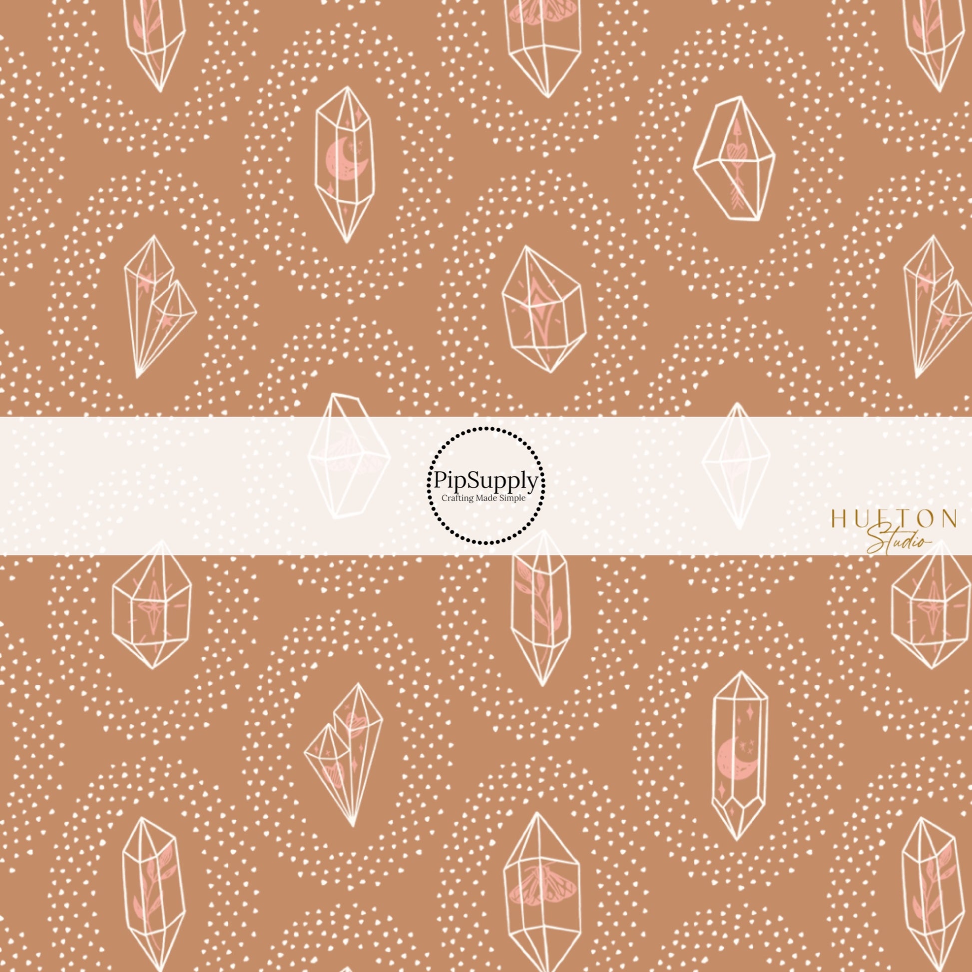 These crystal dot themed brown fabric by the yard features small white dots surrounding crystals on brown. This fun themed fabric can be used for all your sewing and crafting needs! 