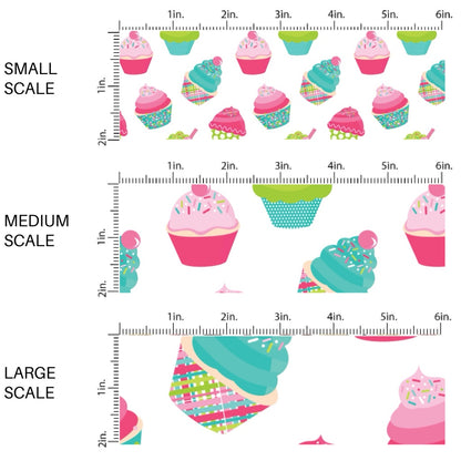 This scale chart of small scale, medium scale, and large scale of this celebration fabric by the yard features bright colored cupcakes and candles. This fun themed fabric can be used for all your sewing and crafting needs!