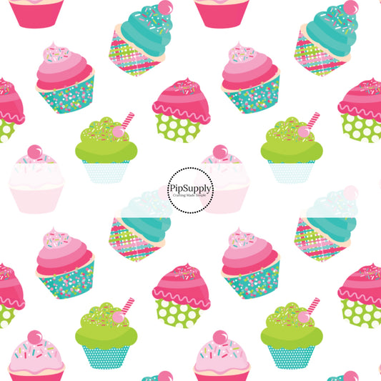 This celebration fabric by the yard features bright colored cupcakes and candles. This fun themed fabric can be used for all your sewing and crafting needs!