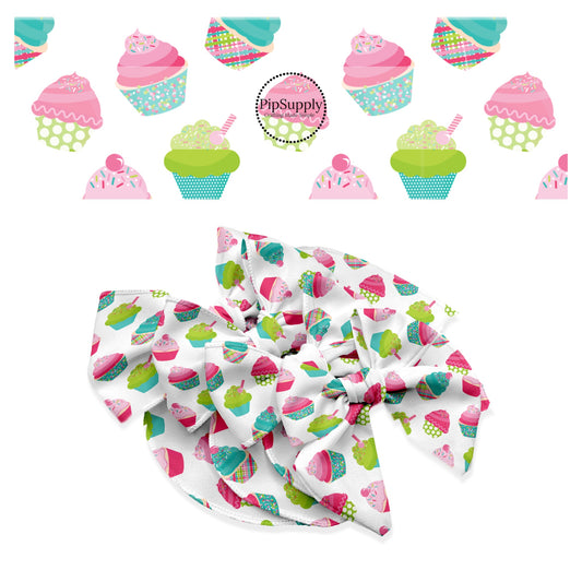 These celebration themed no sew bow strips can be easily tied and attached to a clip for a finished hair bow. These patterned bow strips are great for personal use or to sell. These bow strips feature bright colored cupcakes and candles.