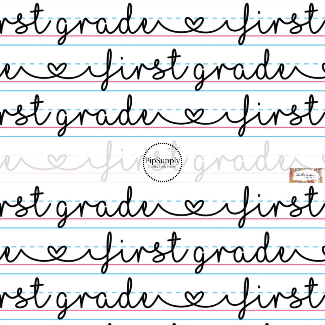 These school themed pattern fabric by the yard features cursive handwriting on lined paper patterns. This fun fabric can be used for all your sewing and crafting needs!