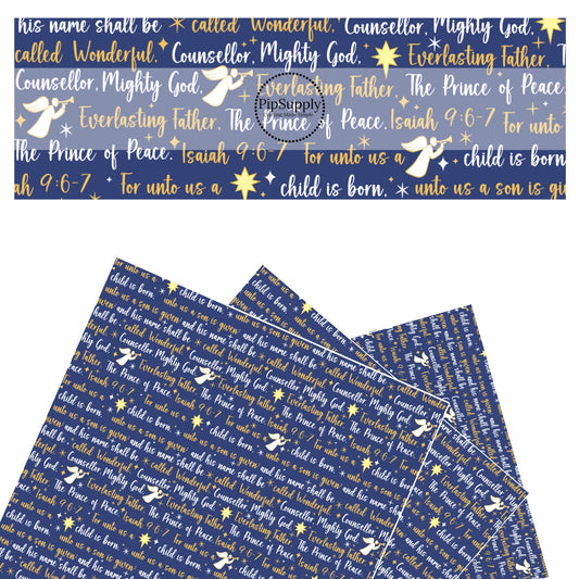 Cursive white and gold sayings on blue faux leather sheets