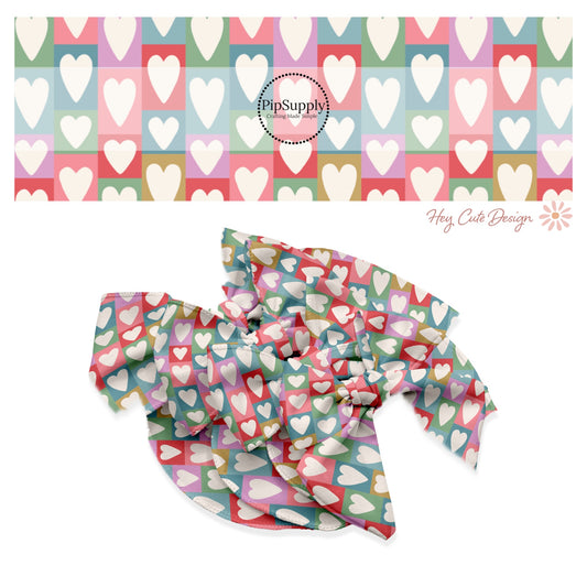 These Valentine's pattern no sew bow strips can be easily tied and attached to a clip for a finished hair bow. These Valentine's Day bow strips are great for personal use or to sell. The bow strips feature multi colored boxes with cream hearts. 