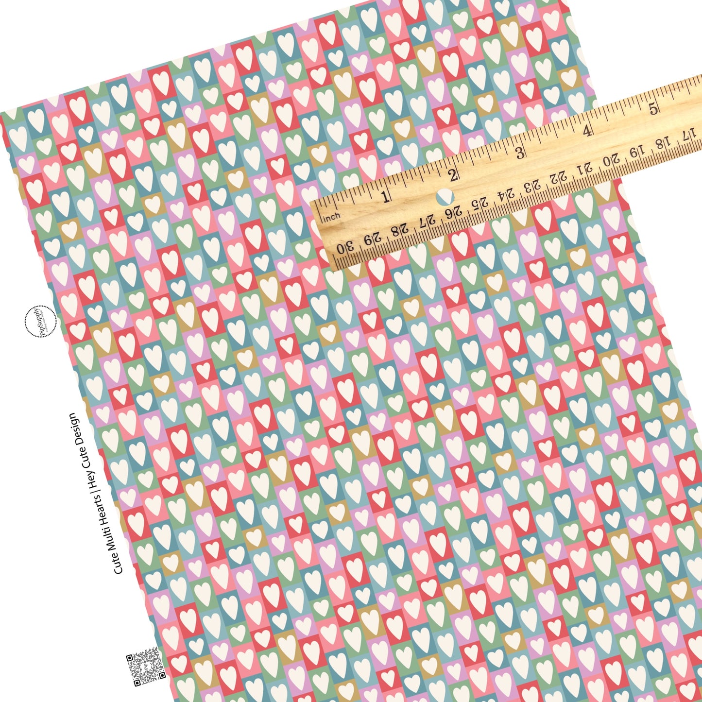 These Valentine's pattern themed faux leather sheets contain the following design elements: multi colored boxes with cream hearts. Our CPSIA compliant faux leather sheets or rolls can be used for all types of crafting projects.