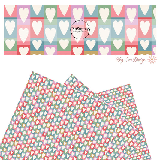 These Valentine's pattern themed faux leather sheets contain the following design elements: multi colored boxes with cream hearts. Our CPSIA compliant faux leather sheets or rolls can be used for all types of crafting projects.