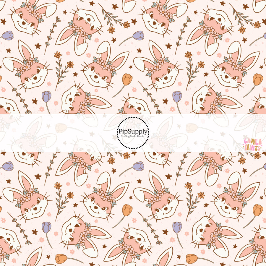 This Easter themed fabric by the yard features bunnies in flower crowns and spring flowers. This fun pattern fabric can be used for all your sewing and crafting needs!