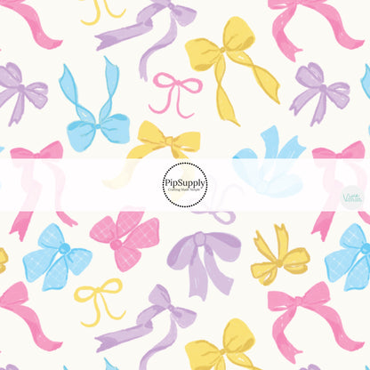 These spring bows themed no sew bow strips can be easily tied and attached to a clip for a finished hair bow. These patterned bow strips are great for personal use or to sell. These bow strips features pastel pink, purple, yellow, and blue bows on cream. 