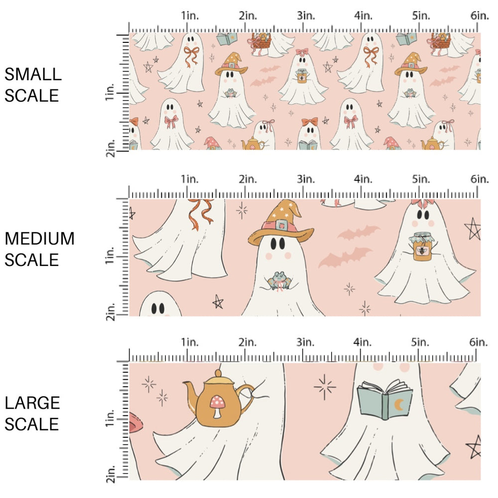 This scale chart of small scale, medium scale, and large scale of these Halloween themed pattern fabric by the yard features the following design elements: ghost on light pink. This fun spooky themed fabric can be used for all your sewing and crafting needs!