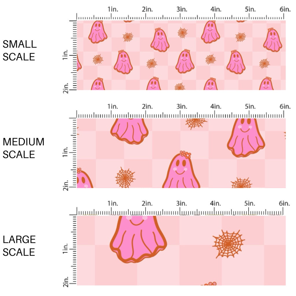 These Halloween themed pattern fabric by the yard features the following design elements: ghost on pink checker pattern. This fun spooky themed fabric can be used for all your sewing and crafting needs!