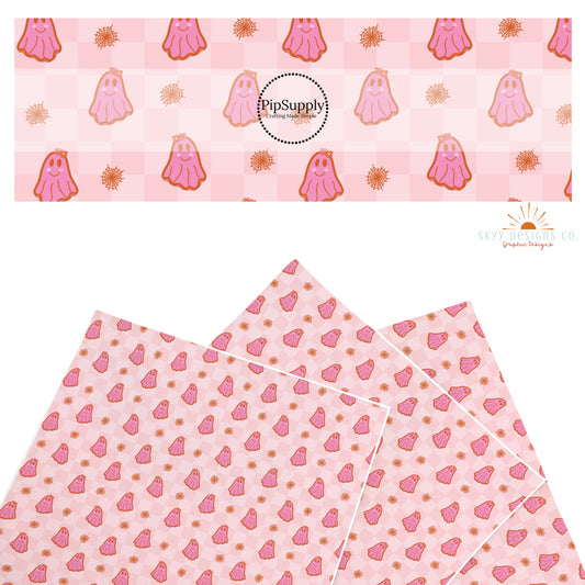 These Halloween themed pattern faux leather sheets contain the following design elements: ghost on pink checker pattern. Our CPSIA compliant faux leather sheets or rolls can be used for all types of crafting projects.