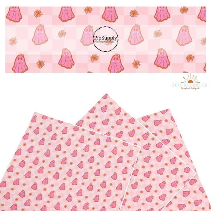 These Halloween themed pattern faux leather sheets contain the following design elements: ghost on pink checker pattern. Our CPSIA compliant faux leather sheets or rolls can be used for all types of crafting projects.