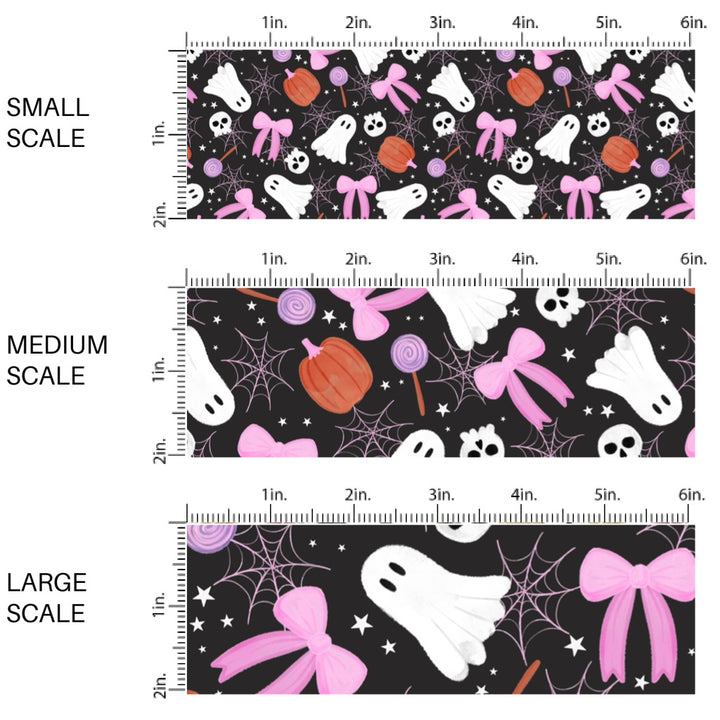 These Halloween themed pattern fabric by the yard features the following design elements: pumpkins, ghost, skeletons, and bows on black. This fun spooky themed fabric can be used for all your sewing and crafting needs!