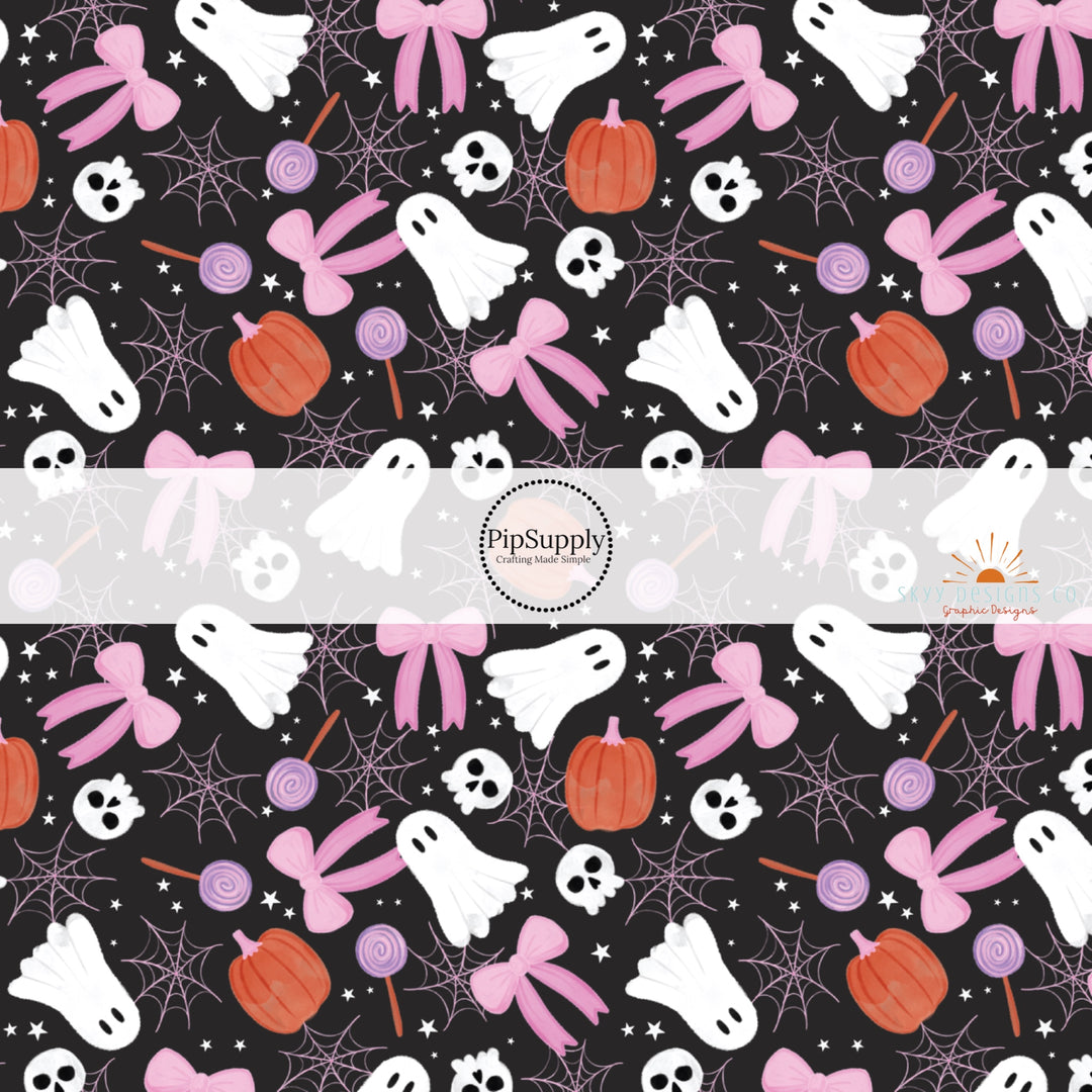 These Halloween themed pattern fabric by the yard features the following design elements: pumpkins, ghost, skeletons, and bows on black. This fun spooky themed fabric can be used for all your sewing and crafting needs!