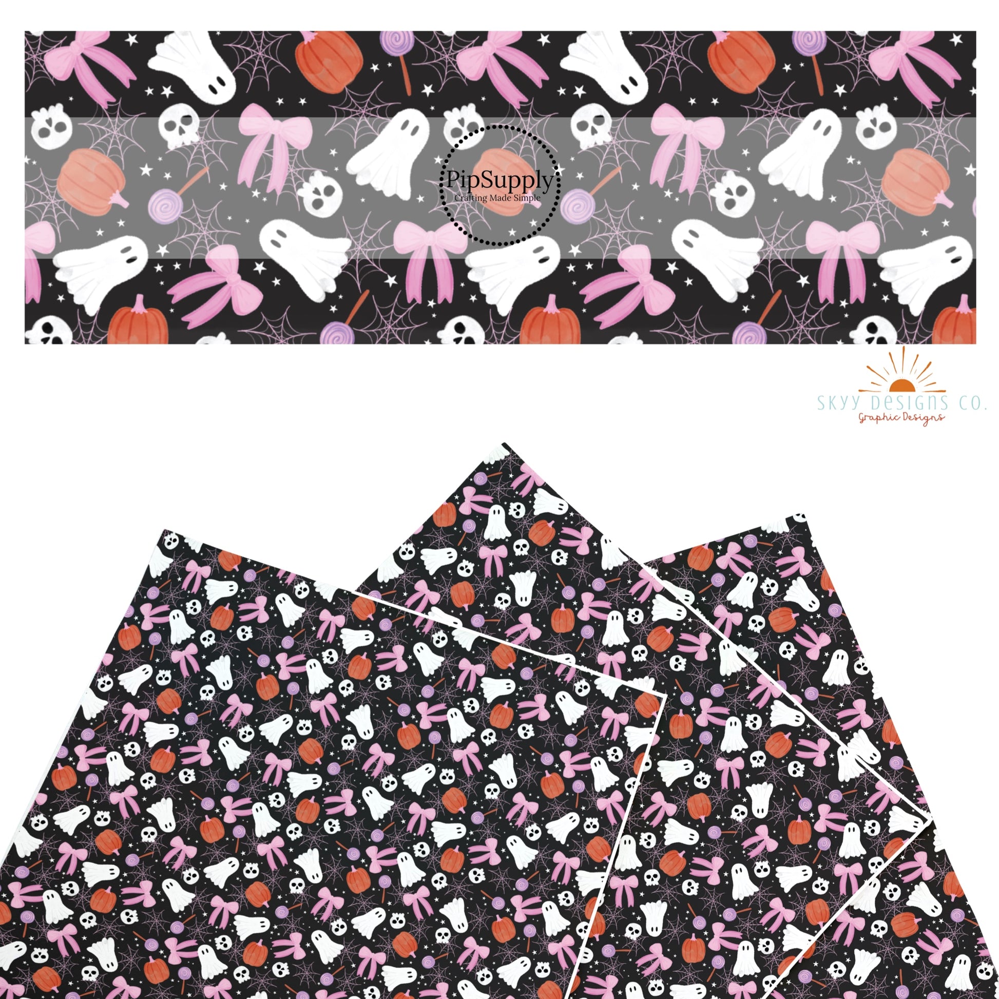 These Halloween themed pattern faux leather sheets contain the following design elements: pumpkins, ghost, skeletons, and bows on black. Our CPSIA compliant faux leather sheets or rolls can be used for all types of crafting projects.