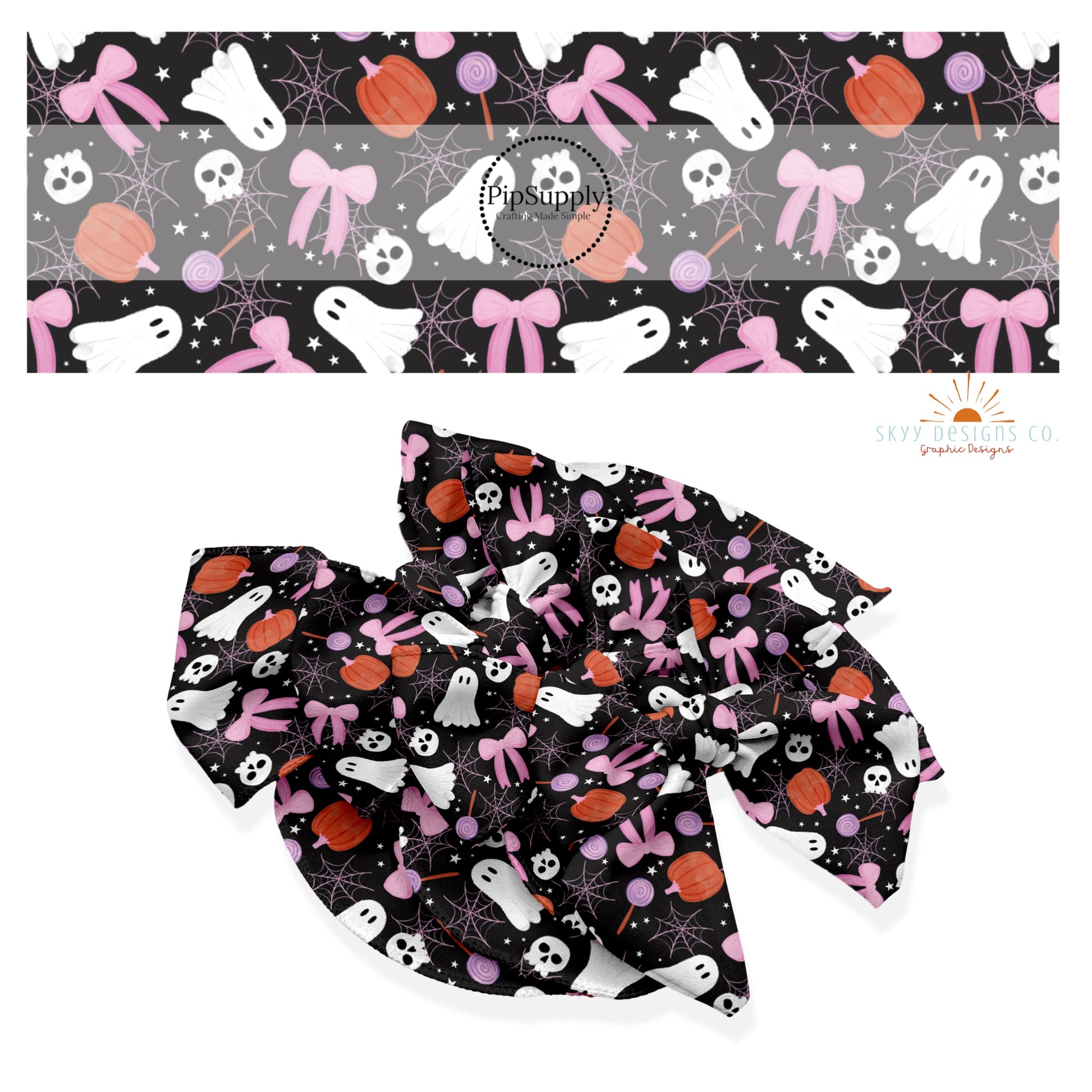 These Halloween themed no sew bow strips can be easily tied and attached to a clip for a finished hair bow. These fun spooky patterned bow strips are great for personal use or to sell. These bow strips feature the following design elements: pumpkins, ghost, skeletons, and bows on black.