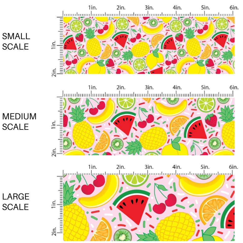 These spring fabric by the yard features bright fruit on pink. This fun pattern fabric can be used for all your sewing and crafting needs!