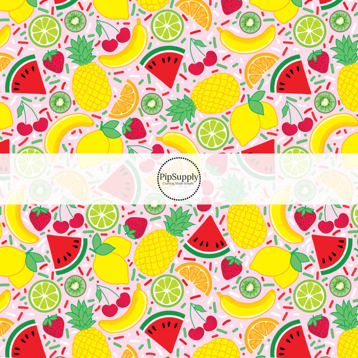 These spring fabric by the yard features bright fruit on pink. This fun pattern fabric can be used for all your sewing and crafting needs!