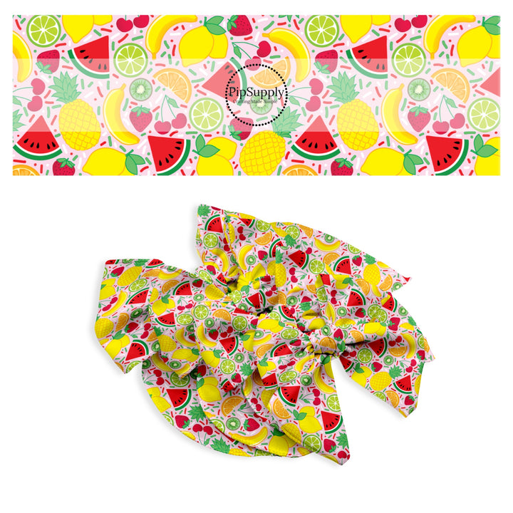 These spring themed no sew bow strips can be easily tied and attached to a clip for a finished hair bow. These bow strips are great for personal use or to sell. These bow strips feature the following design elements: bright fruit on pink.