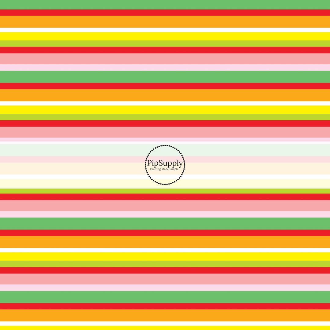 These spring fabric by the yard features bright fruit colored stripes. This fun pattern fabric can be used for all your sewing and crafting needs.