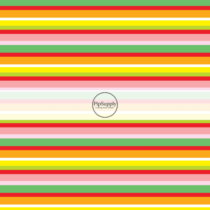 These spring fabric by the yard features bright fruit colored stripes. This fun pattern fabric can be used for all your sewing and crafting needs.