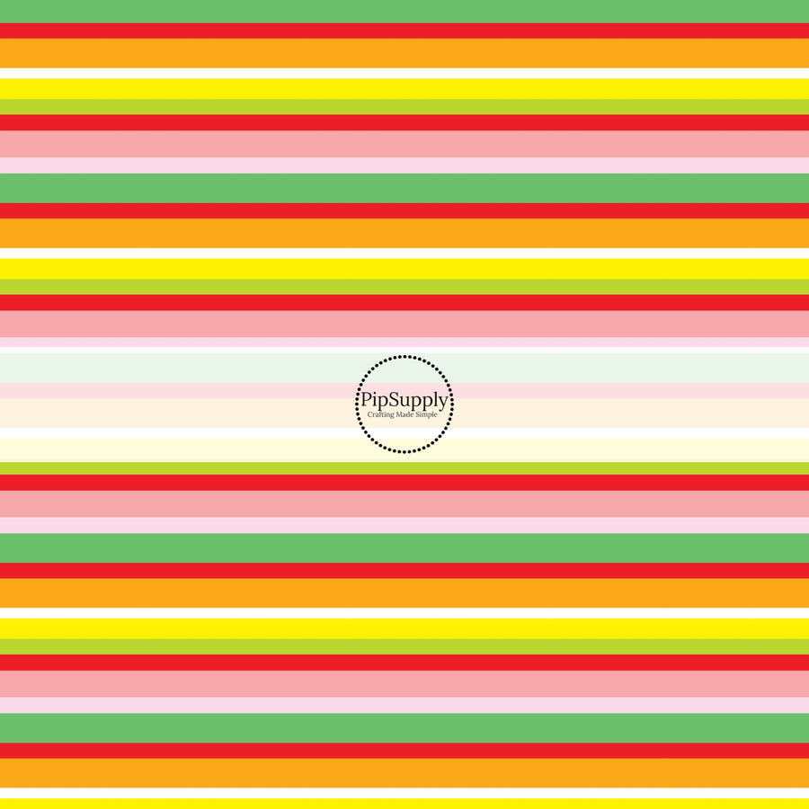 These spring fabric by the yard features bright fruit colored stripes. This fun pattern fabric can be used for all your sewing and crafting needs.