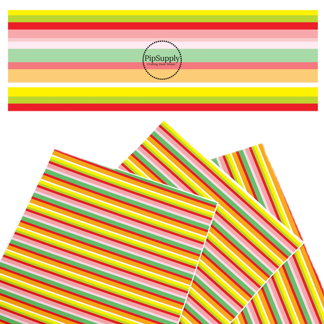 These spring themed faux leather sheets contain the following design elements: bright fruit colored stripes. Our CPSIA compliant faux leather sheets or rolls can be used for all types of crafting projects.