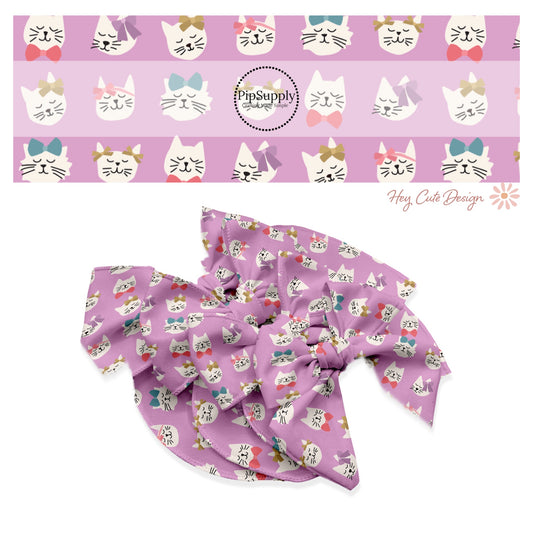 These Valentine's pattern no sew bow strips can be easily tied and attached to a clip for a finished hair bow. These Valentine's Day bow strips are great for personal use or to sell. The bow strips feature kitties with colorful bows on light purple. 
