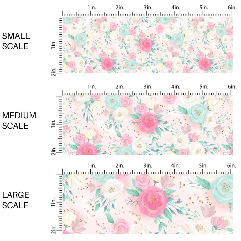 This spring floral fabric by the yard features pink and blue spring flowers. This seasonal pattern fabric can be used for all your sewing and crafting needs!