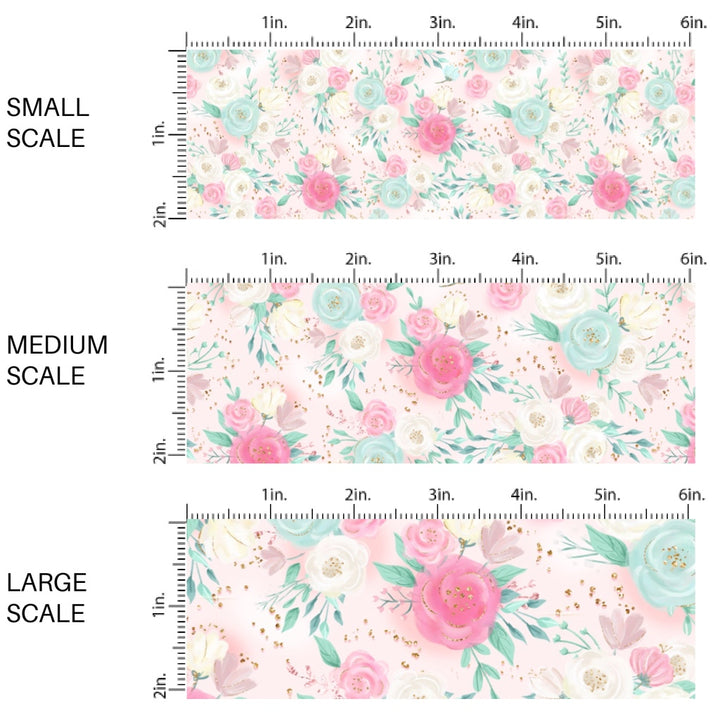 This spring floral fabric by the yard features pink and blue spring flowers. This seasonal pattern fabric can be used for all your sewing and crafting needs!