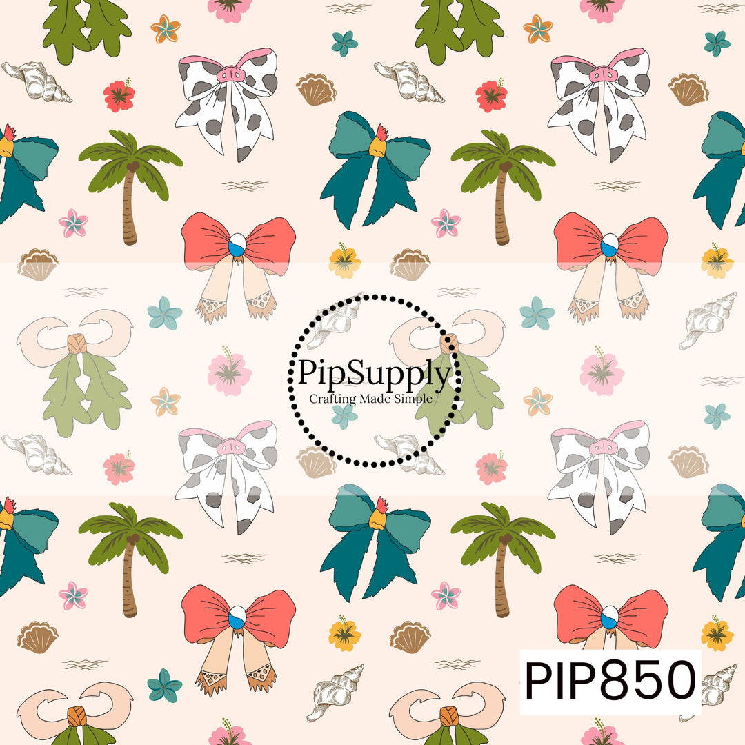 This tropical-inspired design features a playful mix of colorful bows, palm trees, seashells, tropical flowers, and island-themed accents scattered across a soft sandy beige background. Coral, teal, and cow-print bow designs are paired with coastal elements and subtle ocean details, creating a cheerful pattern with a fun beachy vibe and tropical charm.
