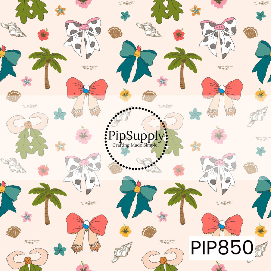 This tropical-inspired design features a playful mix of colorful bows, palm trees, seashells, tropical flowers, and island-themed accents scattered across a soft sandy beige background. Coral, teal, and cow-print bow designs are paired with coastal elements and subtle ocean details, creating a cheerful pattern with a fun beachy vibe and tropical charm.
