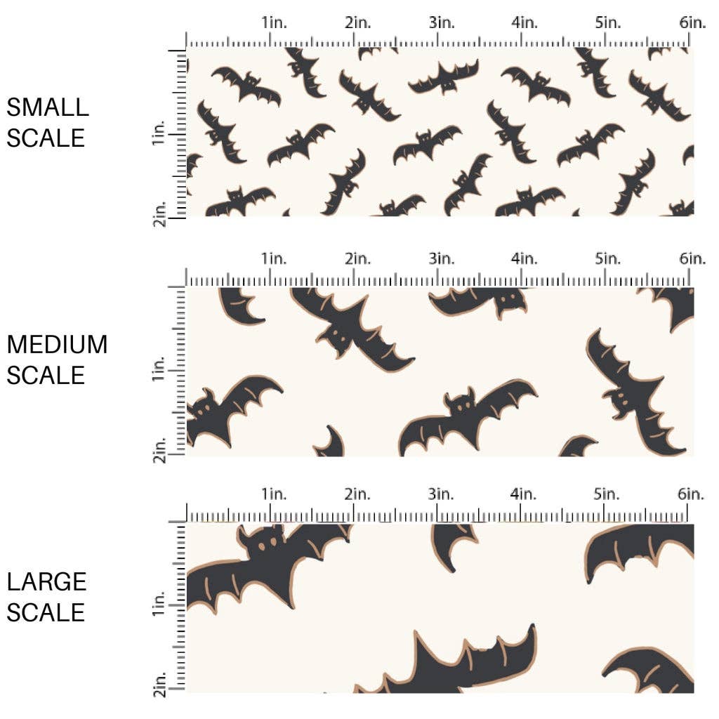 Charcoal Orange Bats on Cream Fabric By The Yard