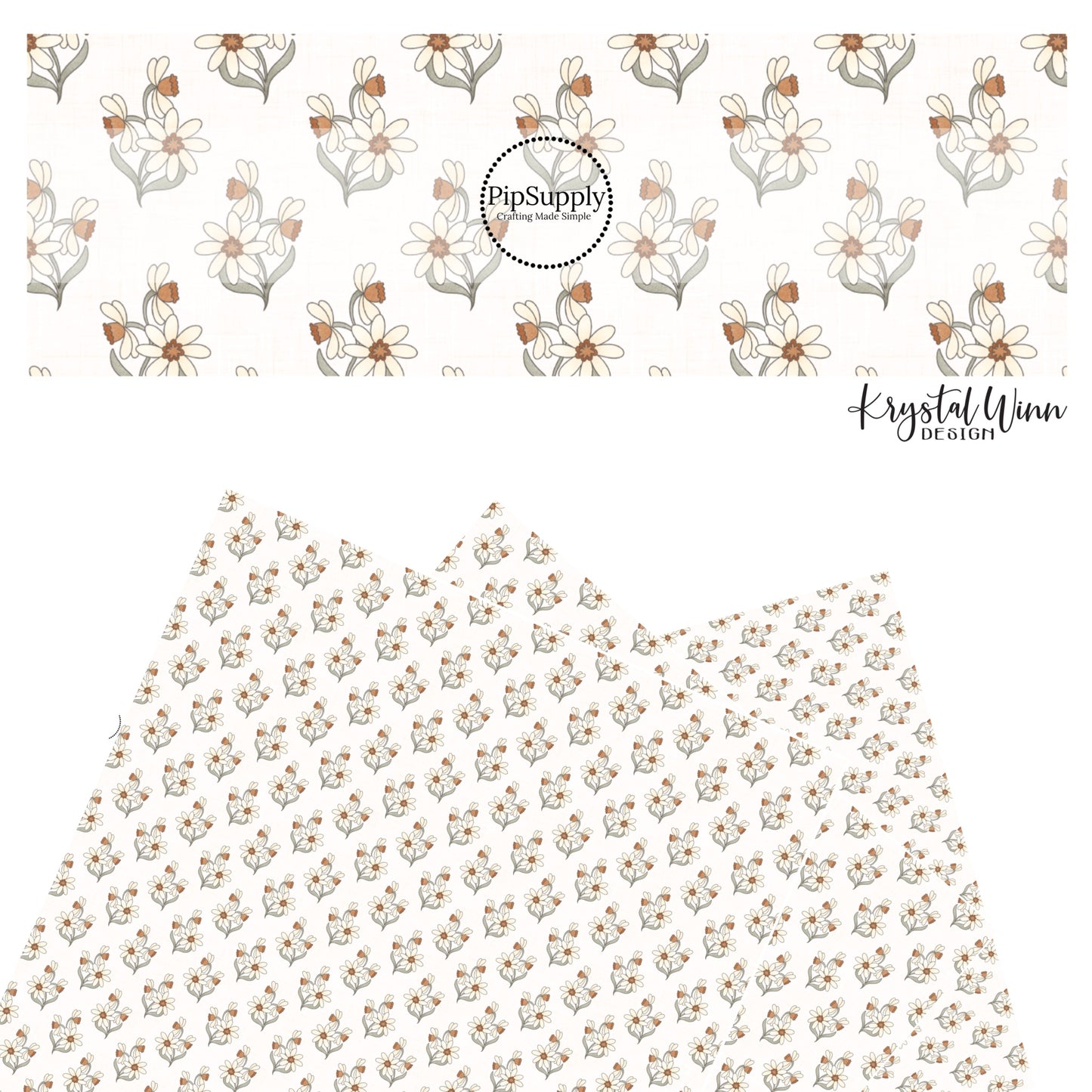 These spring floral pattern themed faux leather sheets contain the following design elements: daffodils on cream. Our CPSIA compliant faux leather sheets or rolls can be used for all types of crafting projects.