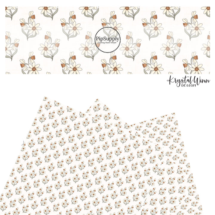 These spring floral pattern themed faux leather sheets contain the following design elements: daffodils on cream. Our CPSIA compliant faux leather sheets or rolls can be used for all types of crafting projects.